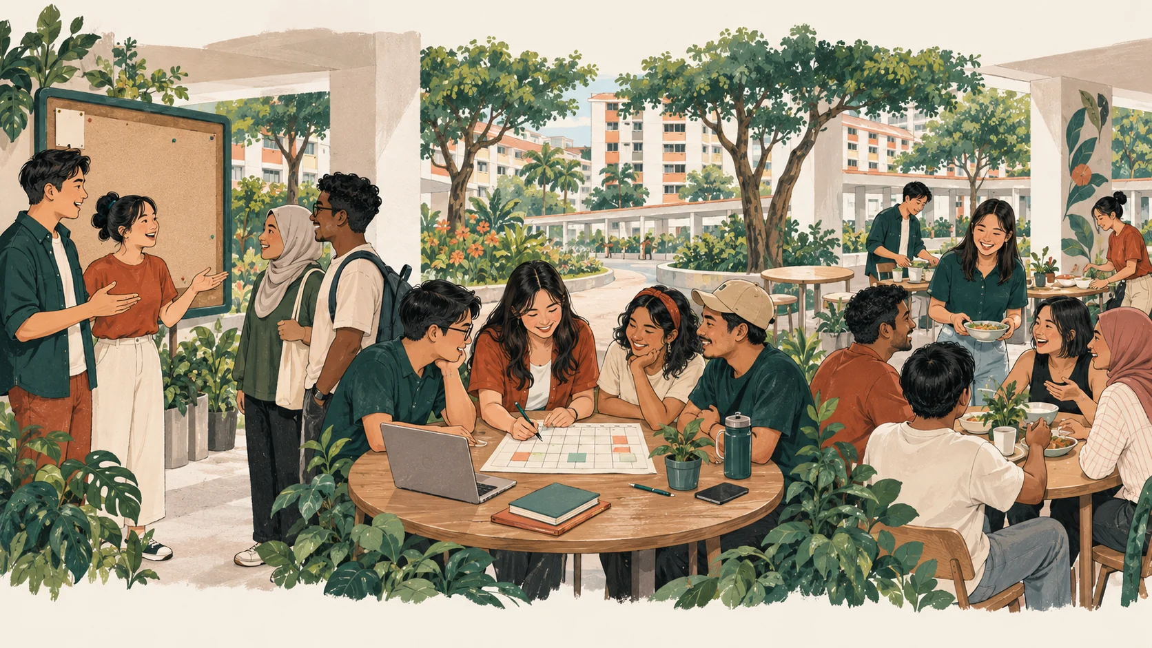 Illustration of organisers welcoming members, members planning together, and members hosting another gathering
