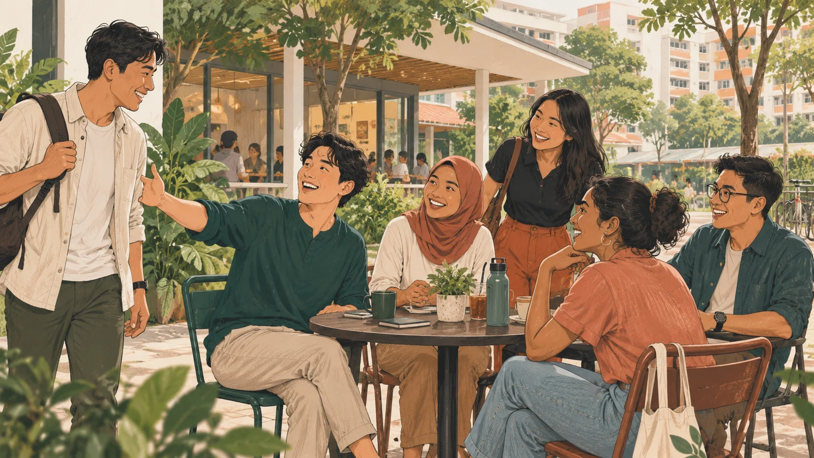 Illustration of young adults welcoming a new friend at a neighbourhood café