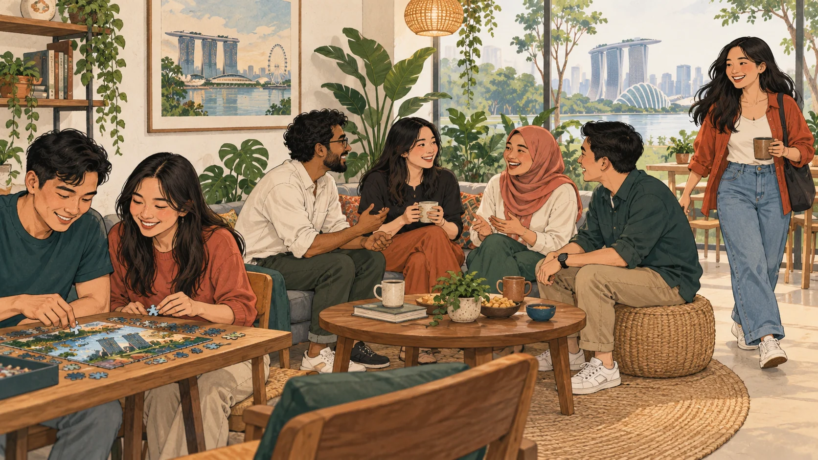 Illustration of friends enjoying paired and group activities, with a member joining another conversation