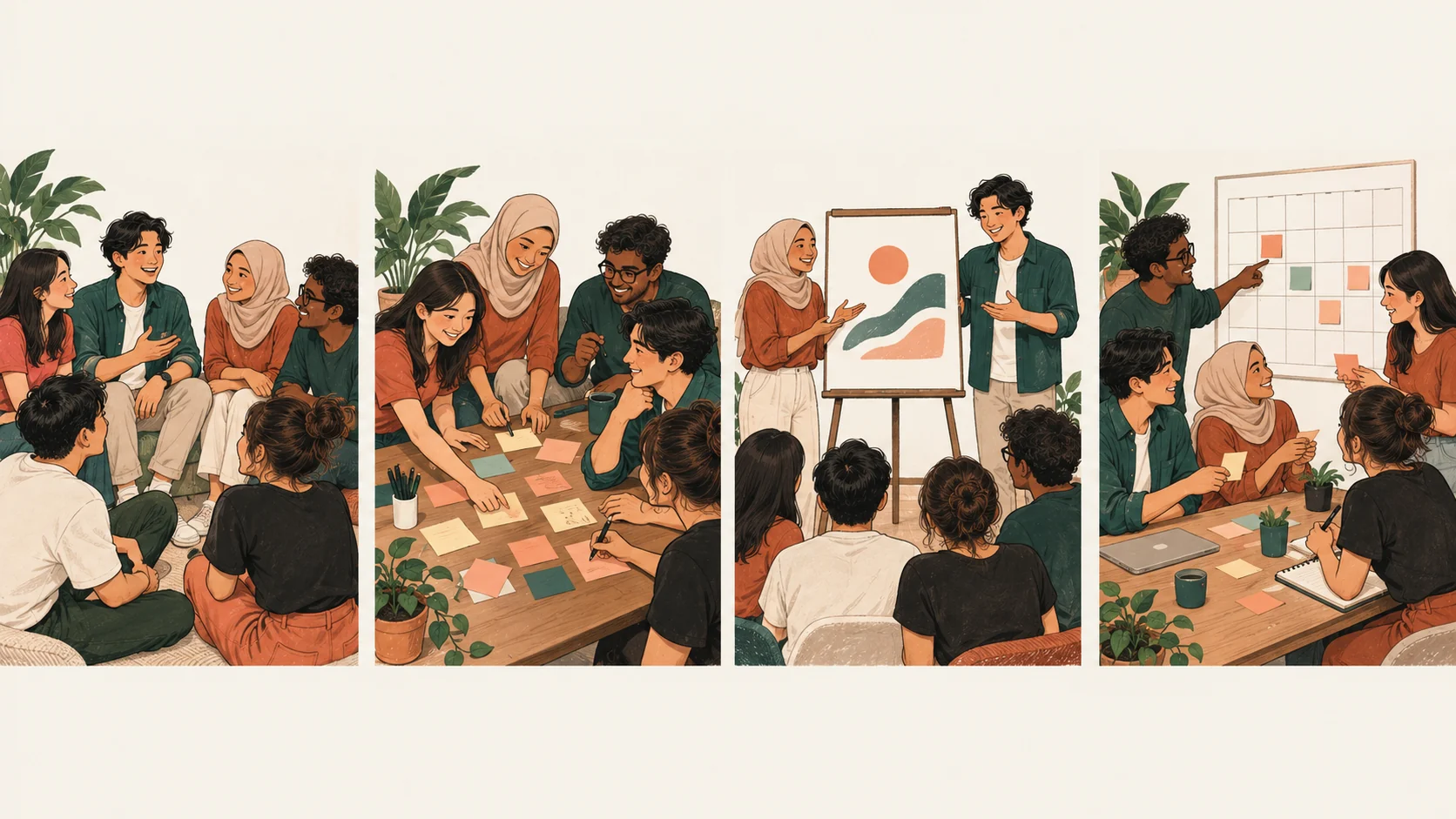 Four illustrated scenes: introductions, brainstorming, presenting ideas, and reviewing future plans