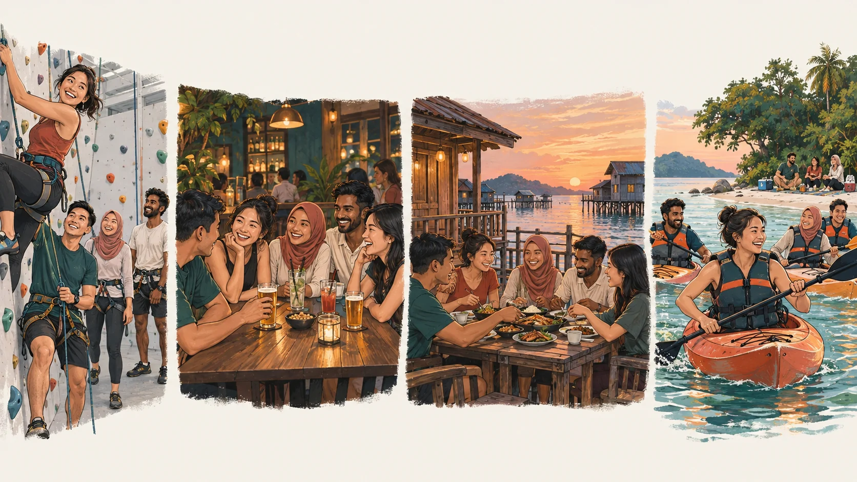 Illustrations of indoor adventure, a relaxed bar social, a coastal overnight trip, and kayaking with a picnic