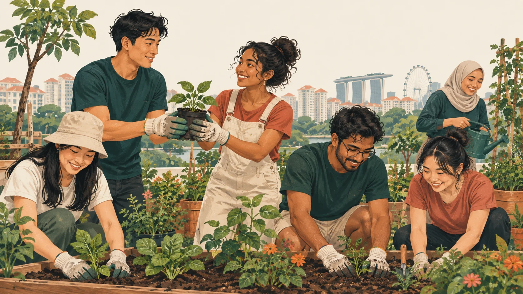 Illustration of friends working together in a neighbourhood garden
